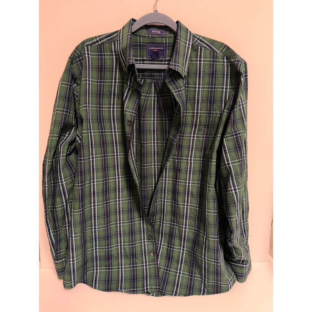 Saddlebred Mens Green Navy Plaid Long Sleeve Button Down Shirt Large Easy Care